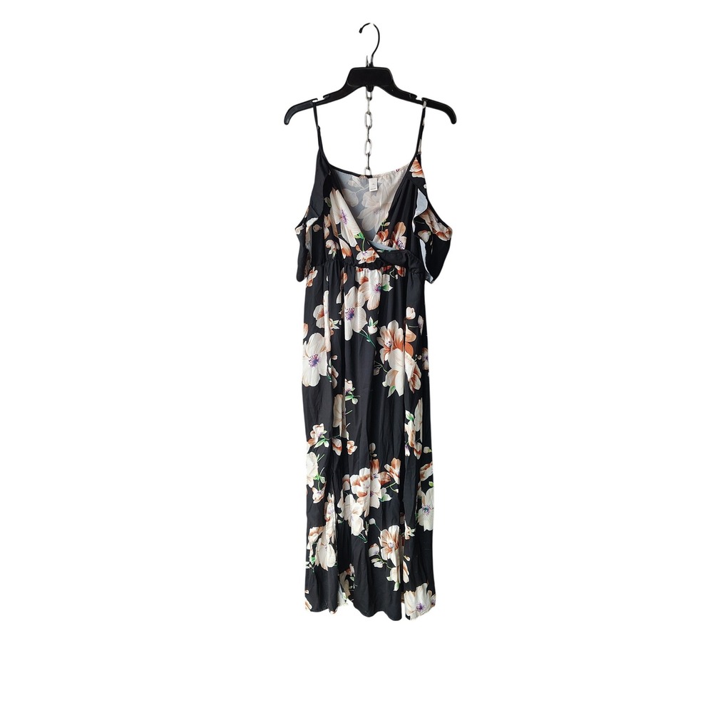 Floral Cold Shoulder Maxi Dress Black Pink Lily Print V-Neck Surplice 1XL